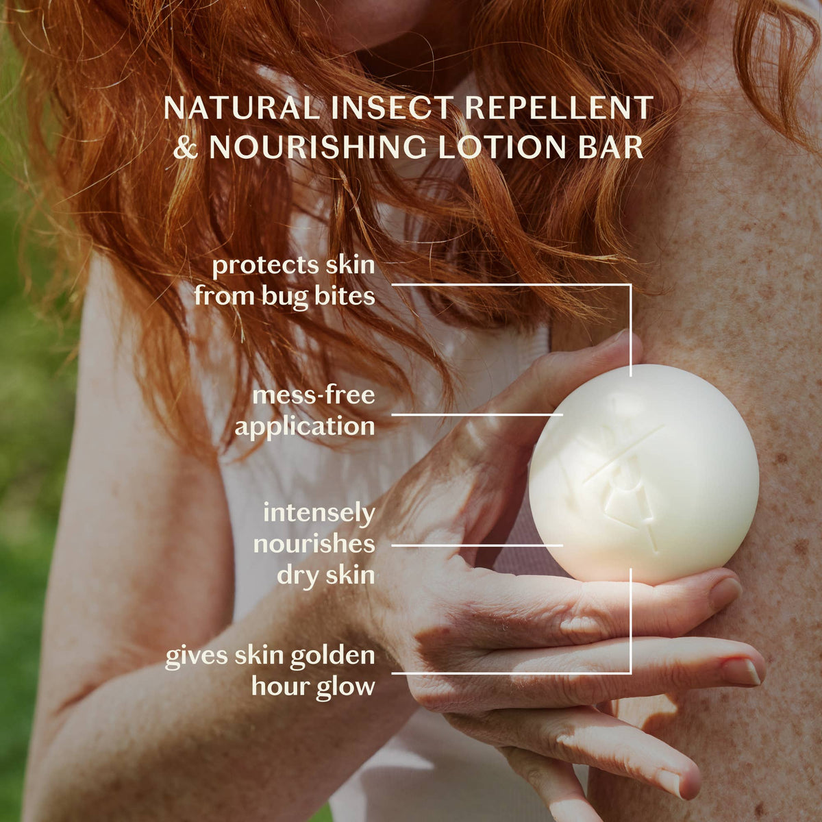 Person holding a natural insect repellent and nourishing lotion bar with text highlighting its benefits.