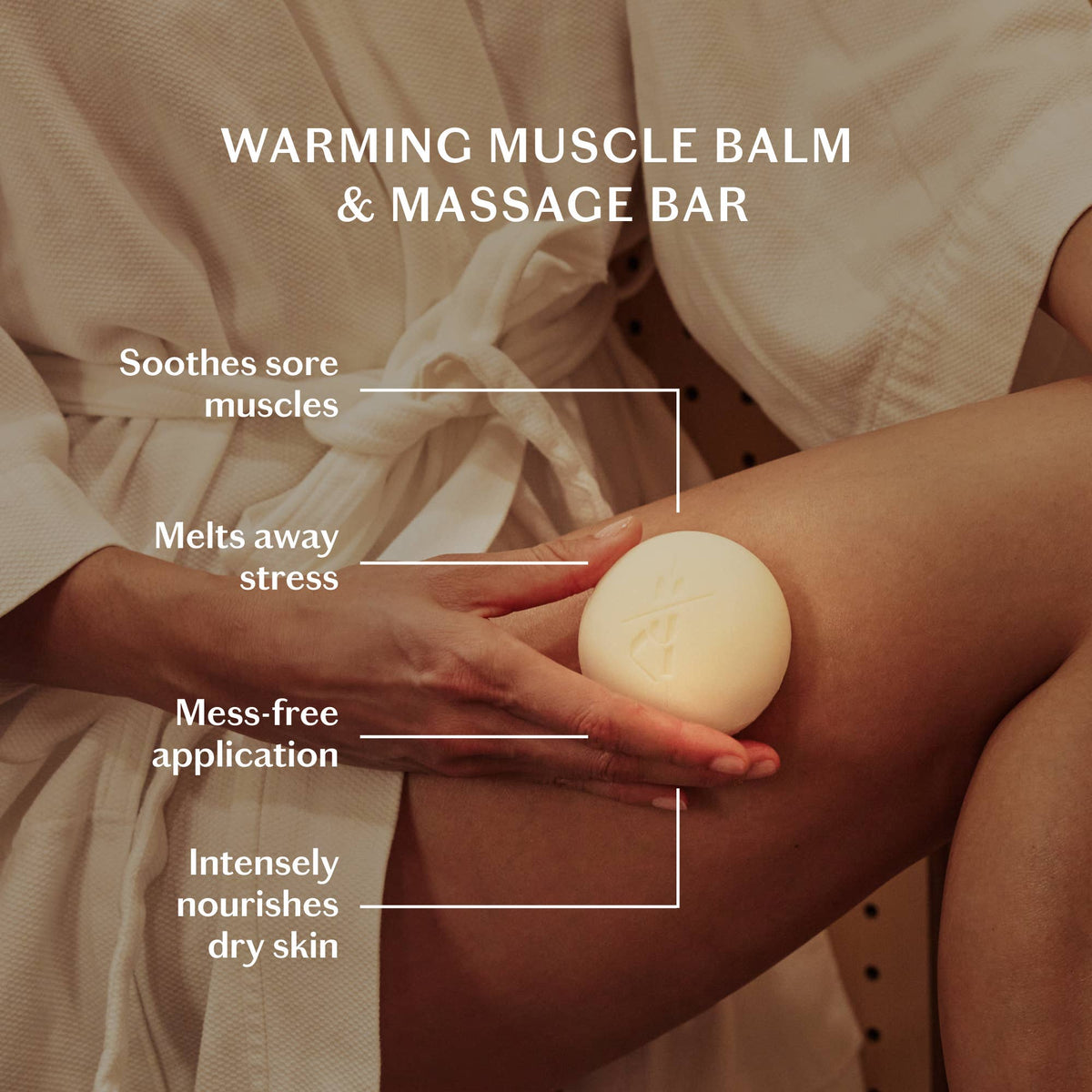 Person applying a warming muscle balm and massage bar to their arm with text highlighting its benefits.