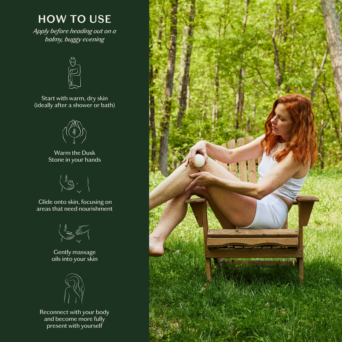 Woman sitting on a wooden chair outdoors with skincare product instructions on the left.