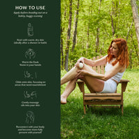 Woman sitting on a wooden chair outdoors with skincare product instructions on the left.