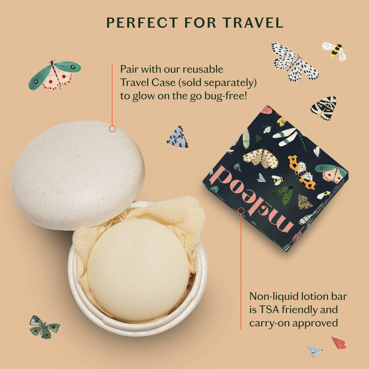 Non-liquid lotion bar with travel case on a beige background