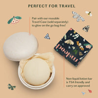 Non-liquid lotion bar with travel case on a beige background