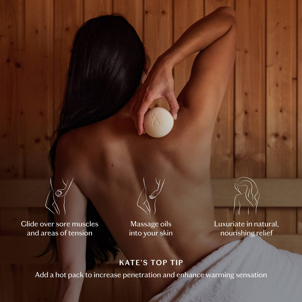 Woman holding a hot pack with text describing its use in a wooden room setting.