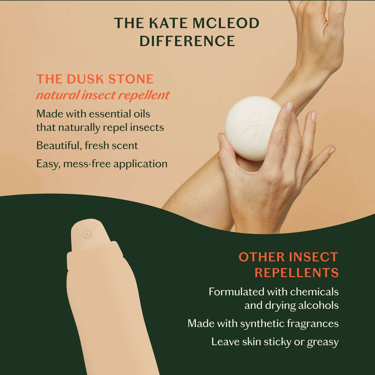 Advertisement for 'The Dusk Stone' natural insect repellent with text comparing it to other insect repellents.
