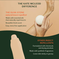 Advertisement for 'The Dusk Stone' natural insect repellent with text comparing it to other insect repellents.