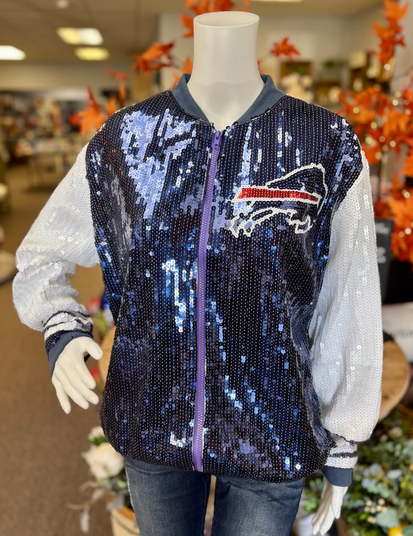 Buffalo Bills Sequin Bomber Jacket - Blue & White