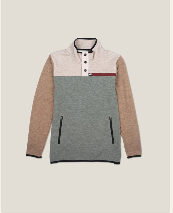 Color-blocked pullover with beige sleeves and gray torso on a light beige background