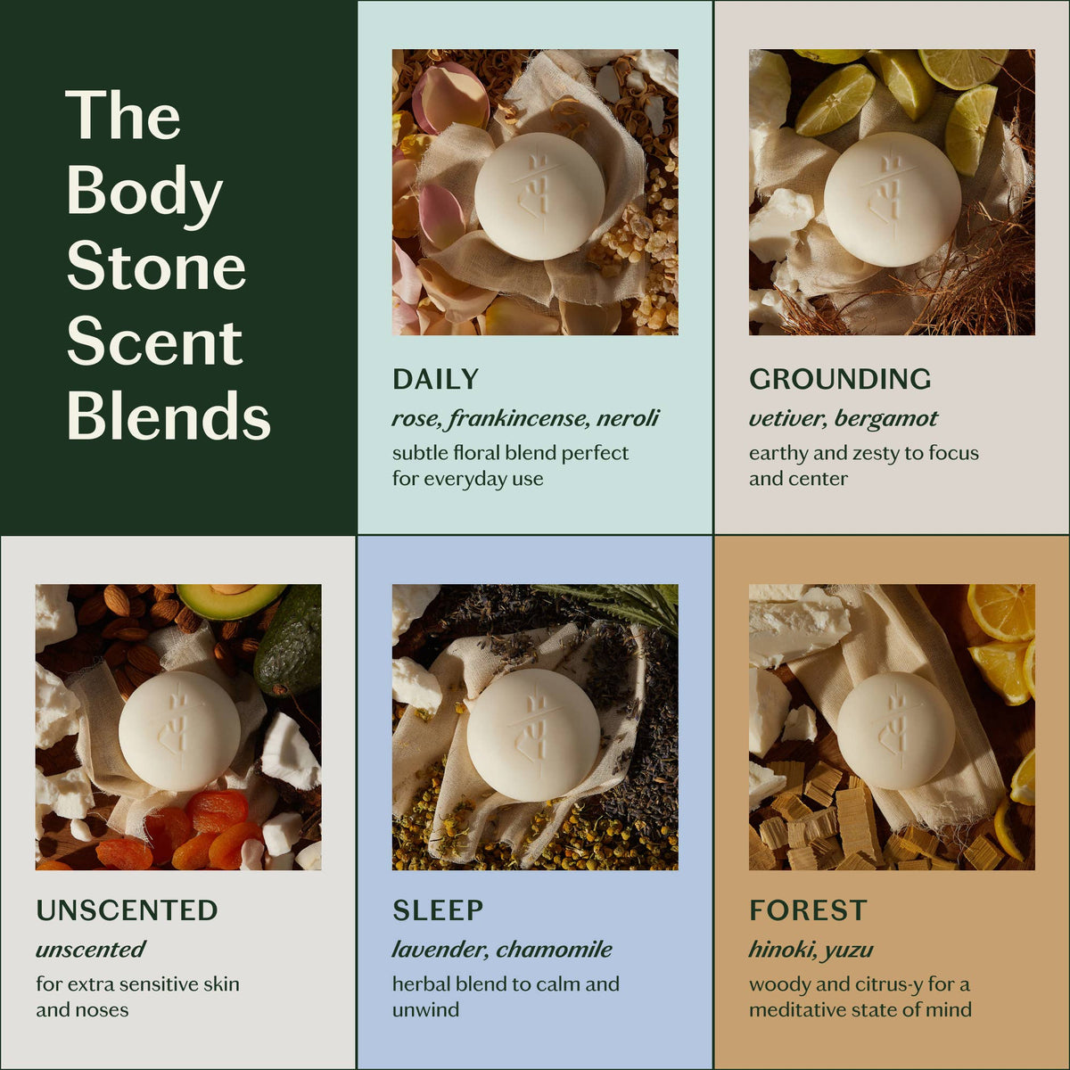 Promotional image of The Body Stone Scent Blends with product images and descriptions.