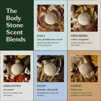 Promotional image of The Body Stone Scent Blends with product images and descriptions.