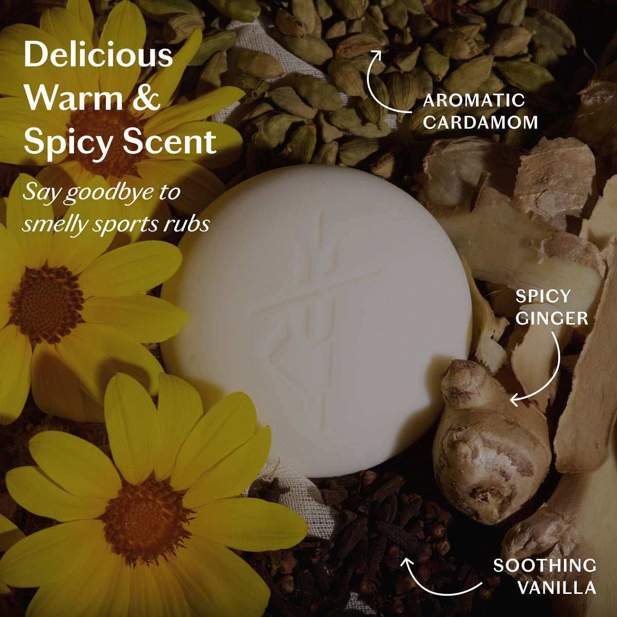 White soap bar surrounded by cardamom, ginger, and vanilla with text describing its scent.