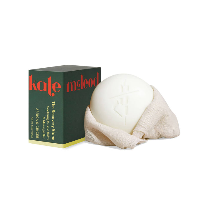 White marble stone with a green box labeled 'kate mcleod' on a white background