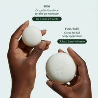 Two hands holding a mini and full-size product with text on a light gray background