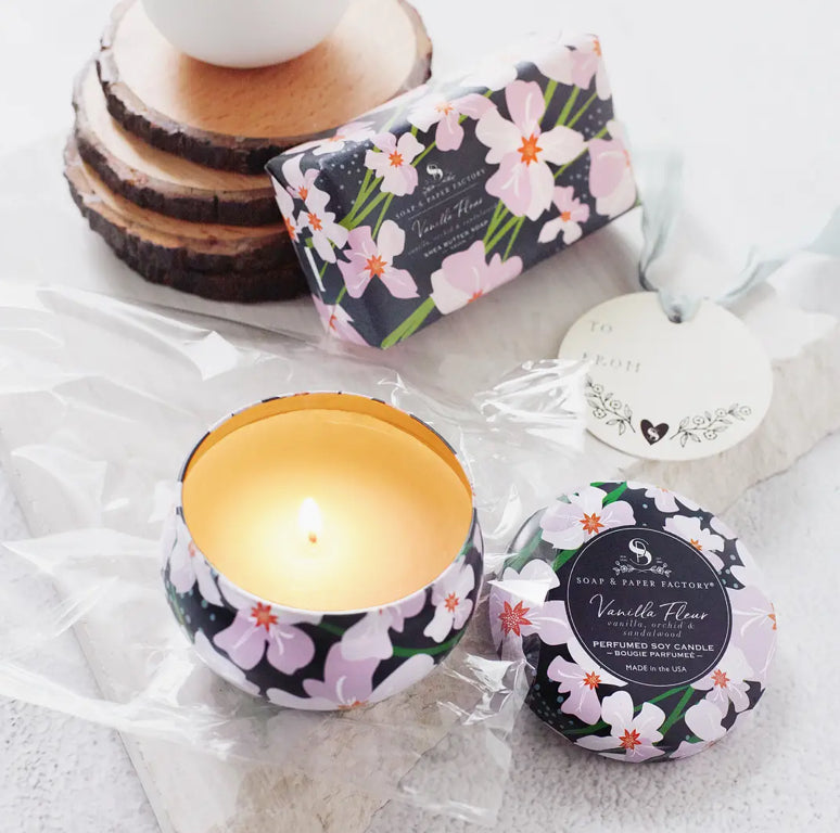 Soap & Paper Factory Vanilla Fleur Tin Candle & Soap Gift Set