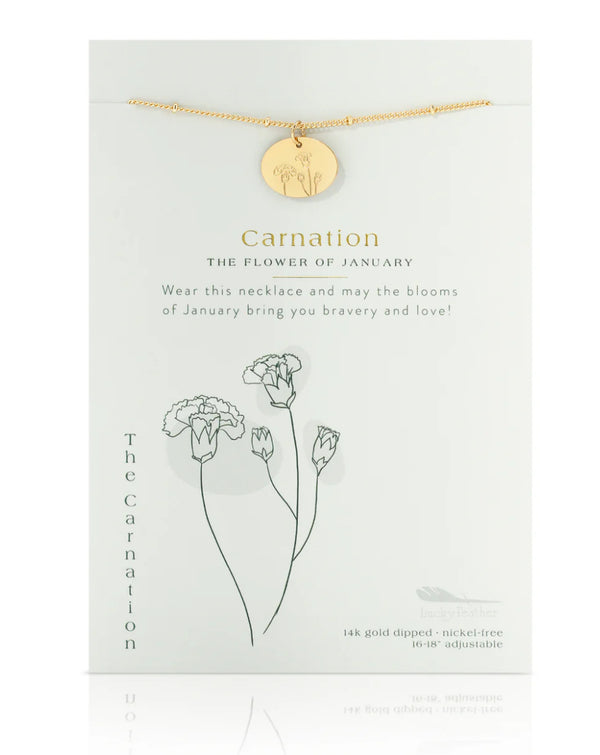Lucky Feather Birth Flower Necklace - Carnation (January)