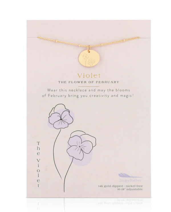 Lucky Feather Birth Flower Necklace - Violet (February)