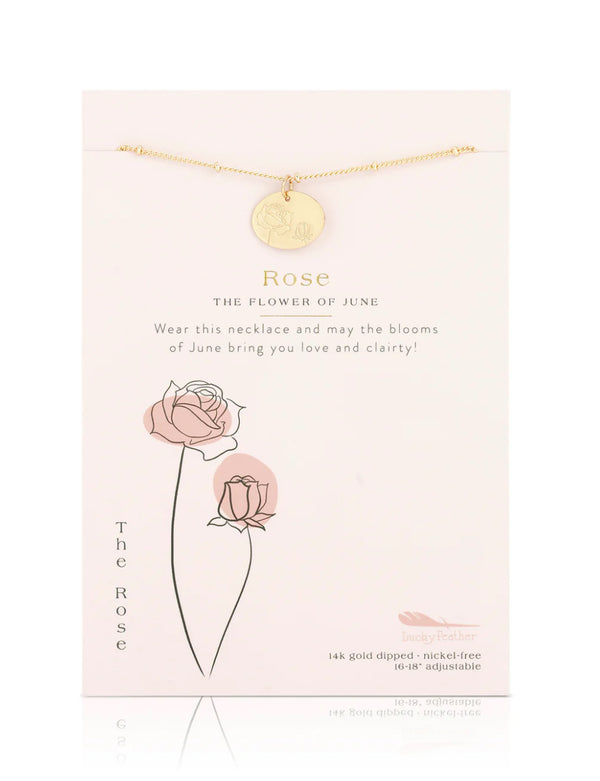 Lucky Feather Birth Flower Necklace - Rose (June)