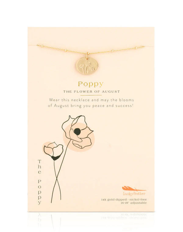 Lucky Feather Birth Flower Necklace - Poppy (August)