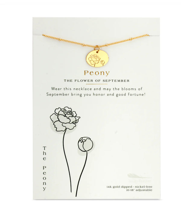 Lucky Feather Birth Flower Necklace - Peony (September)