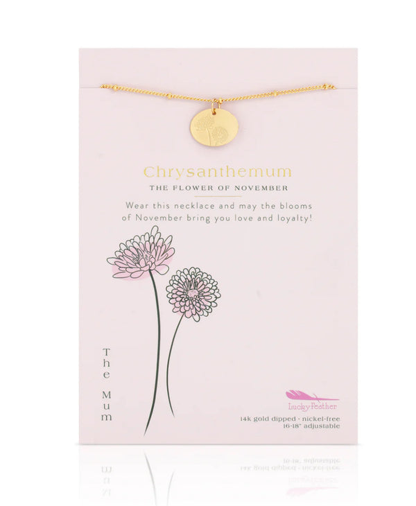 Lucky Feather Birth Flower Necklace - Chrysanthemum (November)