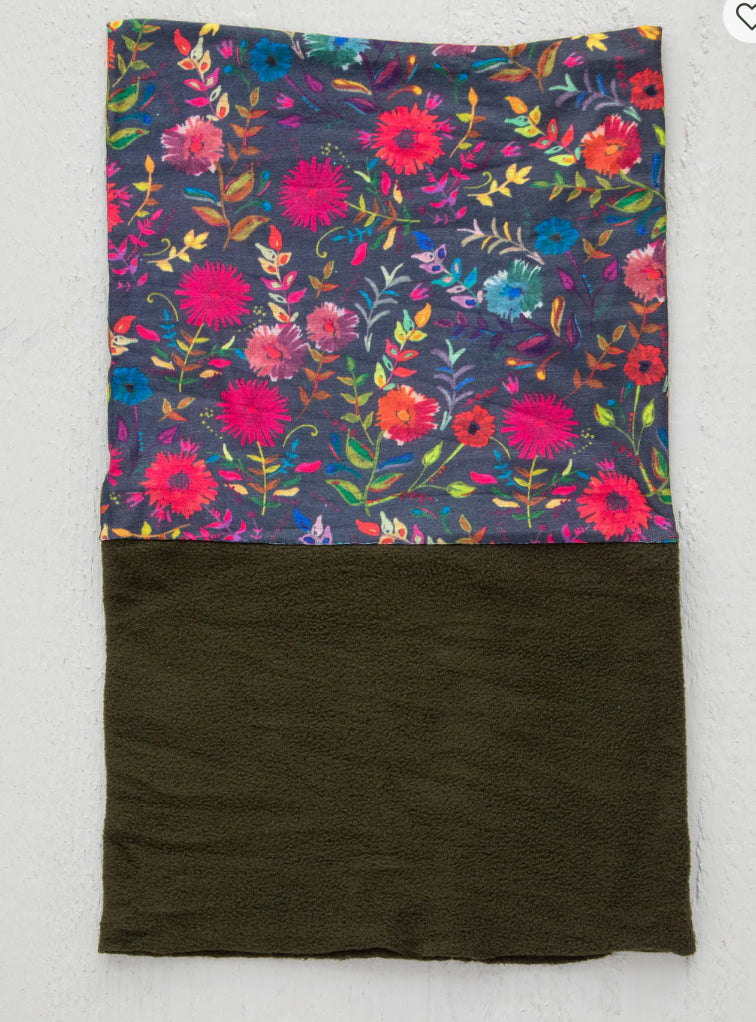 Two fabric swatches, one with a colorful floral pattern and the other solid black, on a white background.