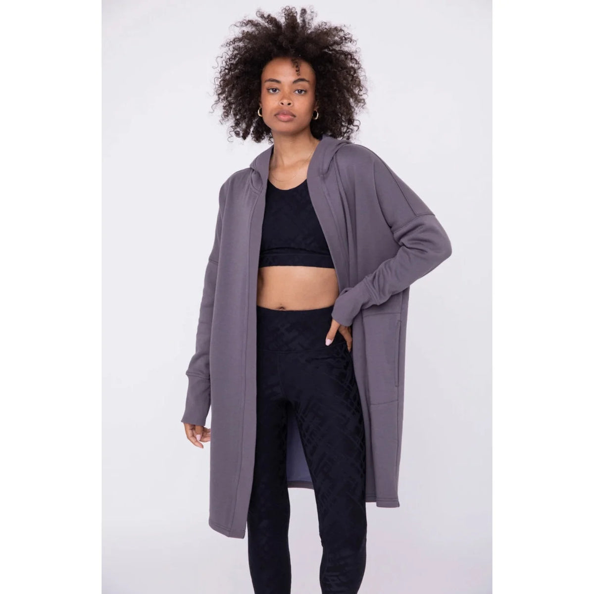 Longline Hooded Fleece Lined Cardigan - Deep Purple