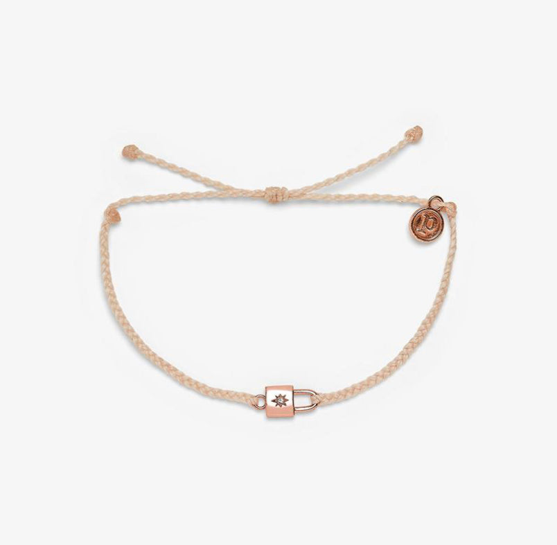 Pura Vida Lock Charm Rose Gold Bracelet In Vanilla