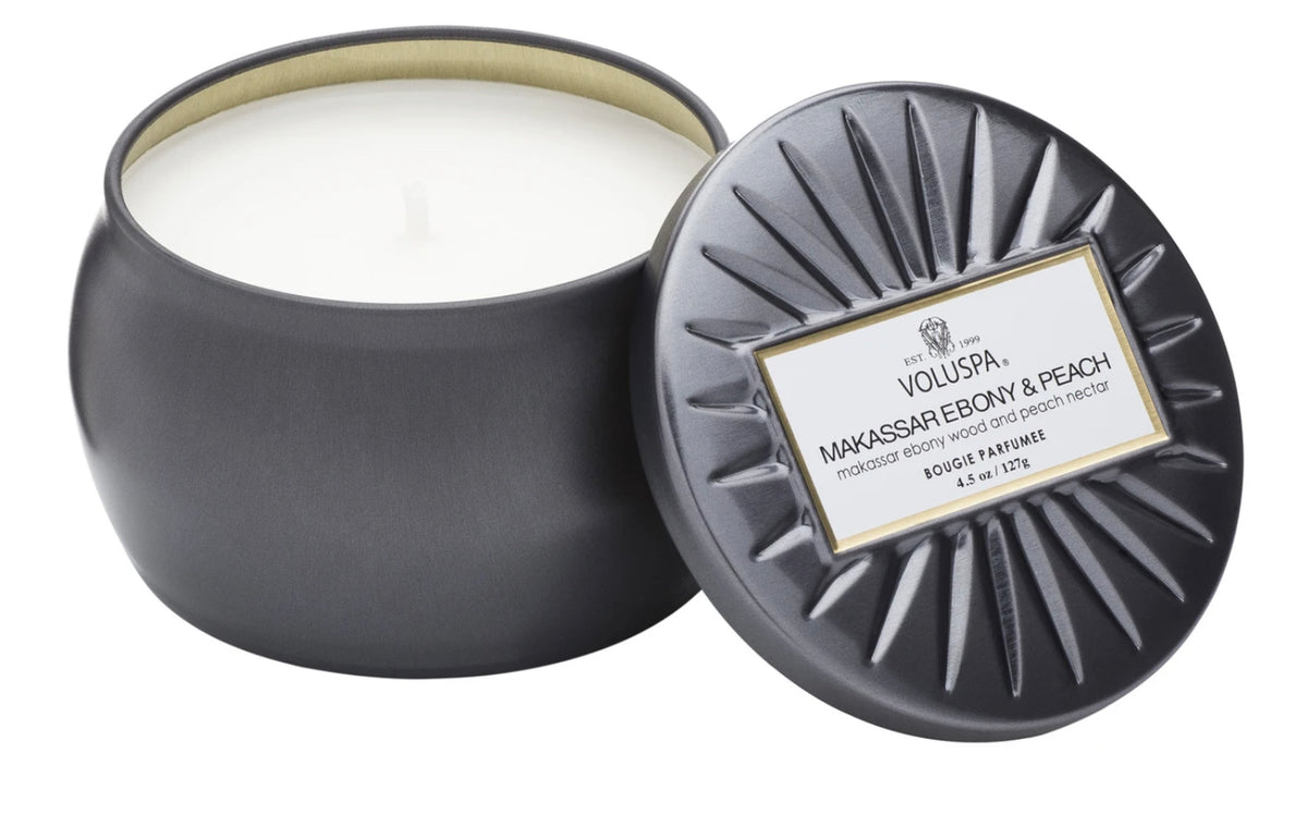 Voluspa Makassar Ebony & Peach Petite Tin Candle