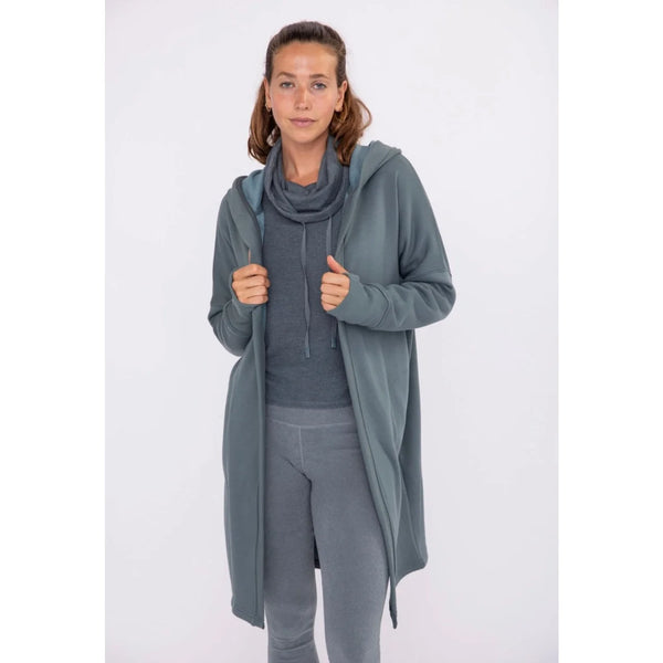 Longline Hooded Fleece Lined Cardigan - Blue Green