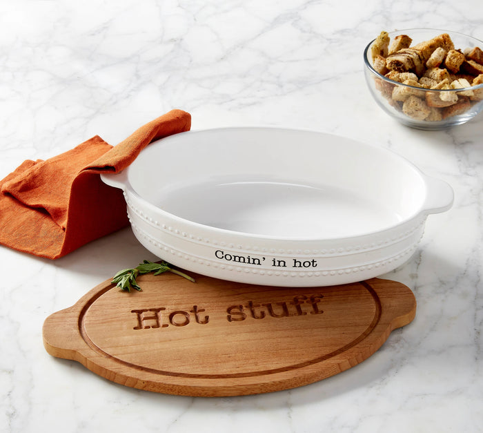 Mud Pie Hot Stuff Ceramic Baker & Trivet Set