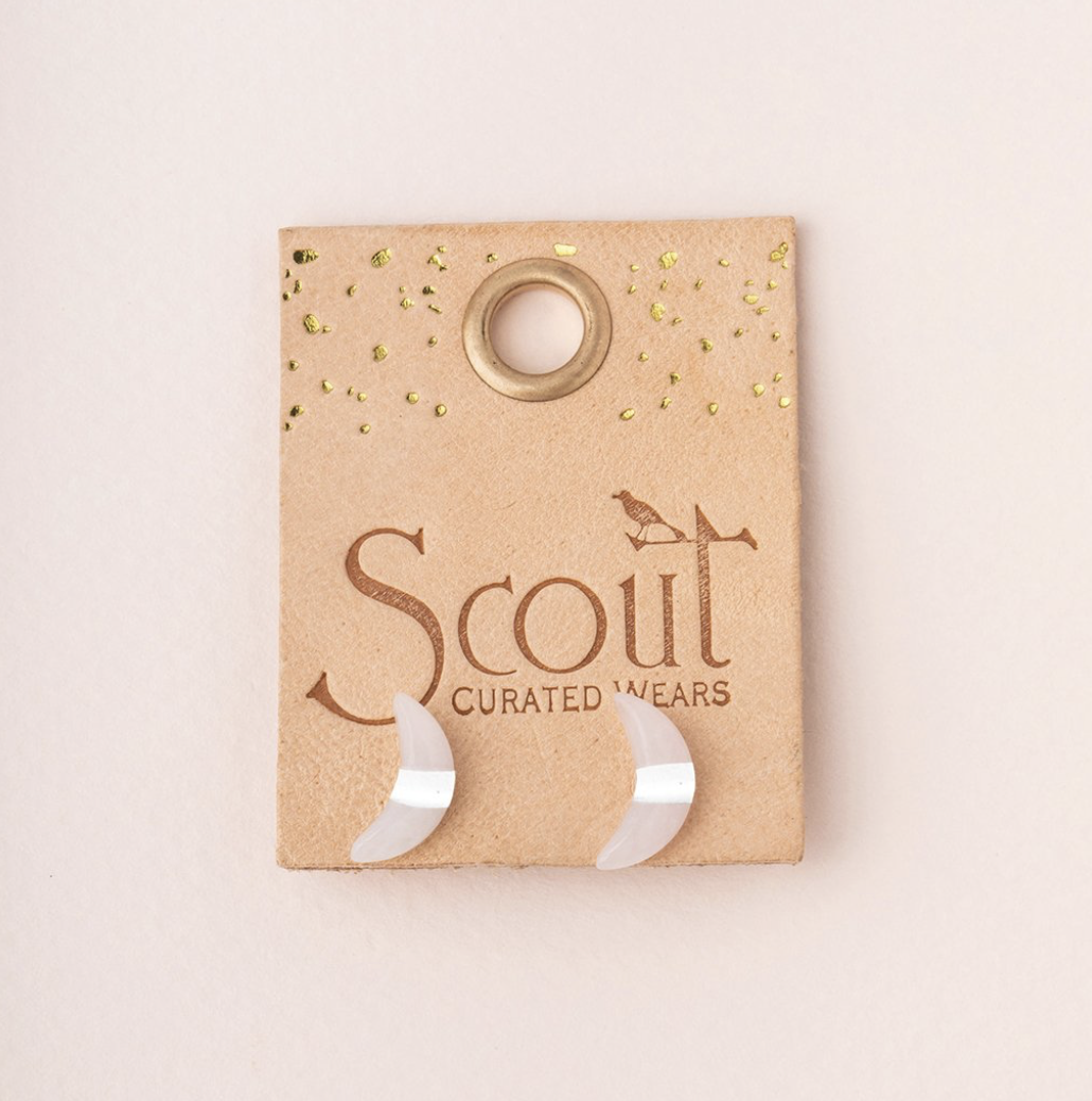Scout Crescent Moon Stud Earrings Rose Quartz And Silver Stone Of The Heart